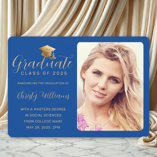Elegant Blue Gold Script Photo College Graduing Aankondiging