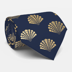 Elegant Blue Gold Seashell Ocean Pattern Mannen Stropdas