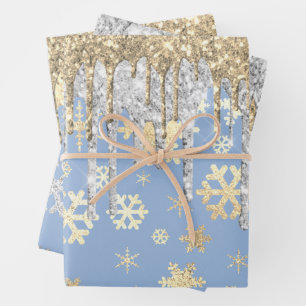 Elegant Blue Gold Silver-kerstsnowflakes Inpakpapier Vel