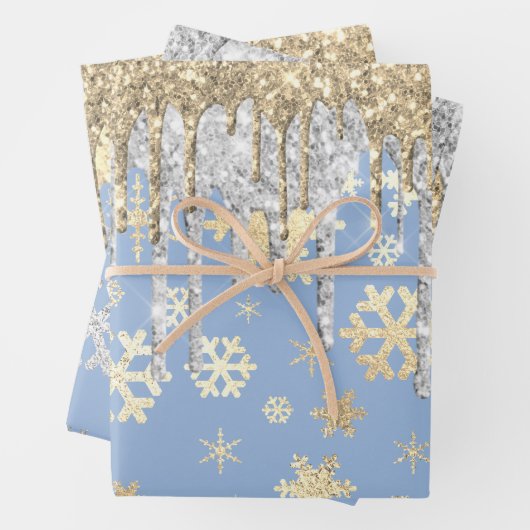 Elegant Blue Gold Silver-kerstsnowflakes Inpakpapier Vel (In situ)