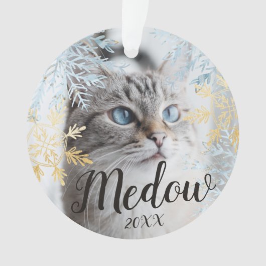 Elegant Blue & Gold Snowflake Pet-foto aanpassen Ornament (voorkant)