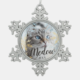 Elegant Blue & Gold Snowflake Pet-foto aanpassen Tin Sneeuwvlok Ornament