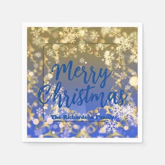 Elegant Blue Gold Snowflakes Merry Kerstry Servet (Voorkant)