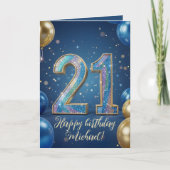 Elegant Blue Gold Sparkly Balloons 21st Birthday Kaart (Voorkant)