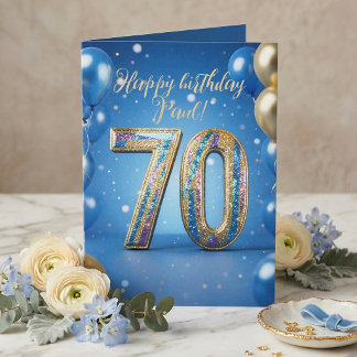 Elegant Blue Gold Sparkly Balloons 70th Birthday Kaart
