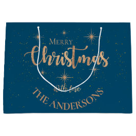 Elegant Blue Gold Stars Name Merry Kerstry Groot Cadeauzakje