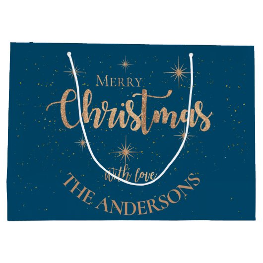 Elegant Blue Gold Stars Name Merry Kerstry Groot Cadeauzakje (Achterkant)