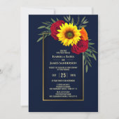 Elegant Blue Gold Sunflower Red Rose Wedding Kaart (Voorkant)