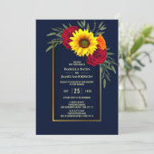 Elegant Blue Gold Sunflower Red Rose Wedding Kaart (Staand voorkant)