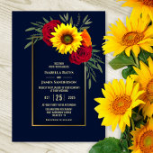 Elegant Blue Gold Sunflower Red Rose Wedding Kaart