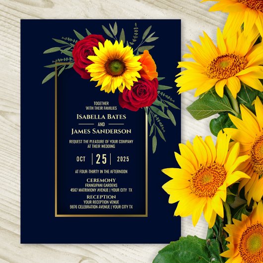Elegant Blue Gold Sunflower Red Rose Wedding Kaart