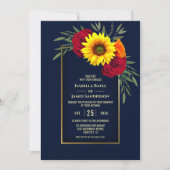 Elegant Blue Gold Sunflower Red Rose Wedding Kaart (Voorkant)