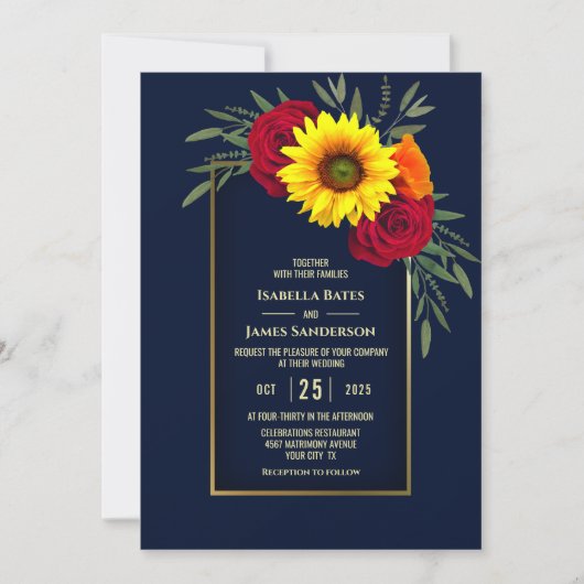 Elegant Blue Gold Sunflower Red Rose Wedding Kaart (Voorkant)