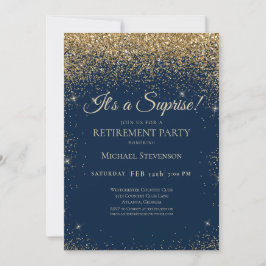 Elegant Blue Gold Surprise Retirement Party Kaart