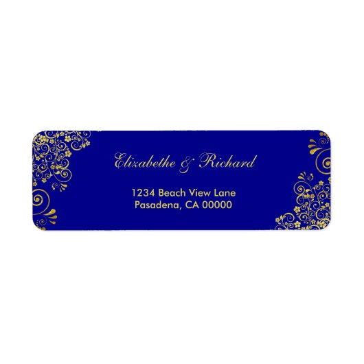 Elegant Blue Gold Swirls bruiloft Etiket (Voorkant)