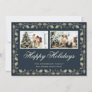 Elegant Blue Gold twee-fotokaarten Prettige feestd Feestdagenkaart