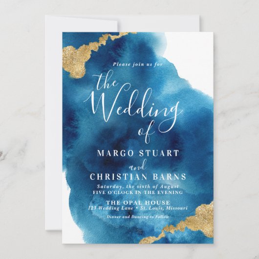 Elegant Blue & Gold Waterverf Wedding Invitation Kaart (Voorkant)