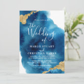 Elegant Blue & Gold Waterverf Wedding Invitation Kaart (Staand voorkant)