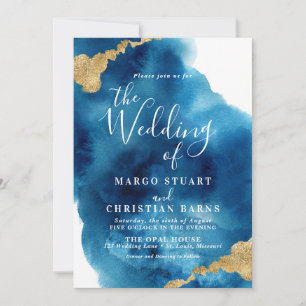 Elegant Blue & Gold Waterverf Wedding Invitation Kaart