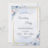 Elegant Blue & Gold Wedding Invitation Kaart (Voorkant)