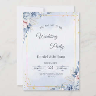 Elegant Blue & Gold Wedding Invitation Kaart