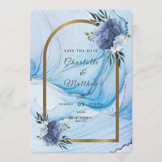Elegant Blue & Gold Wedding Save the Date  (Voorkant)