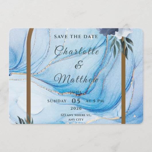 Elegant Blue & Gold Wedding Save the Date  (Voorkant)
