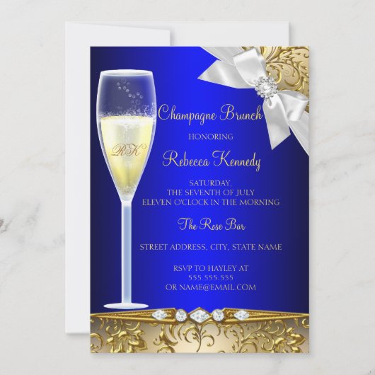 Elegant Blue Gold White Champagne Brunch Invite Kaart (Voorkant)