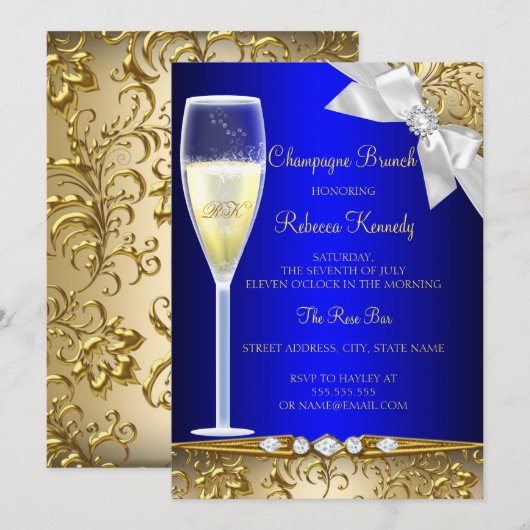 Elegant Blue Gold White Champagne Brunch Invite Kaart (Voorkant / Achterkant)