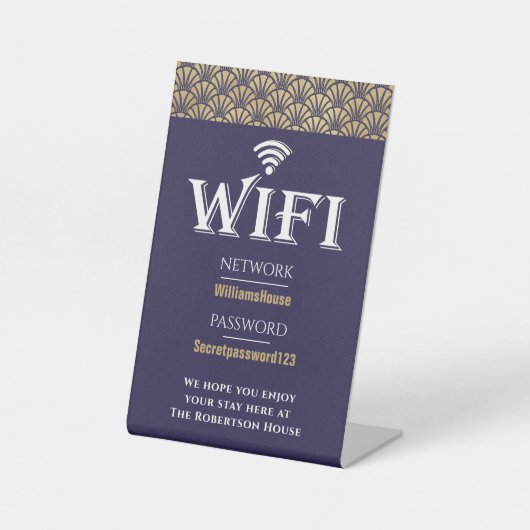 Elegant Blue Gold WiFi Password Network Reclamebord Met Voetstuk (Voorkant)