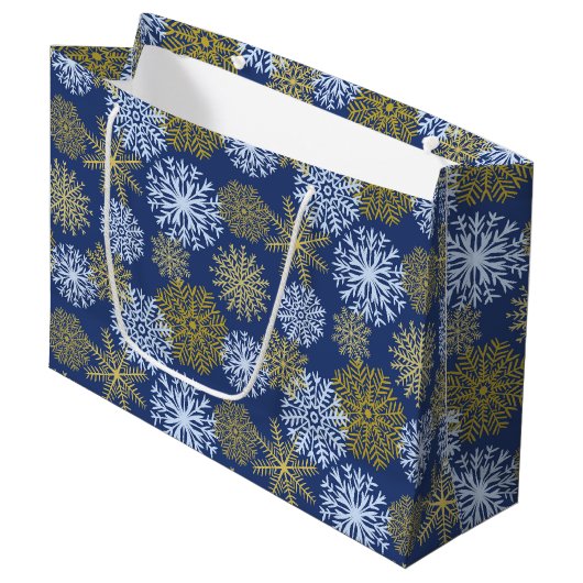 Elegant Blue Gold Winter Snowflakes kerst Groot Cadeauzakje (Voorkant Gekanteld)