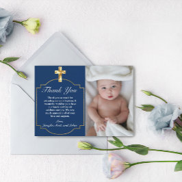 Elegant Blue Golden Cross Boys Baptisme Hartelijk  Bedankkaart