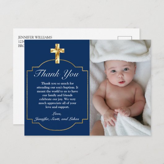Elegant Blue Golden Cross Boys Baptisme Hartelijk Briefkaart (Voorkant / Achterkant)