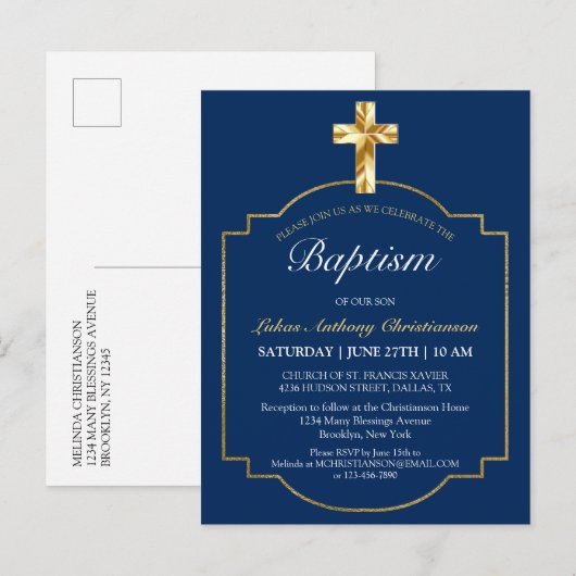 Elegant Blue Golden Cross Boys Baptisme Invitation Uitnodiging Briefkaart (Voorkant / Achterkant)