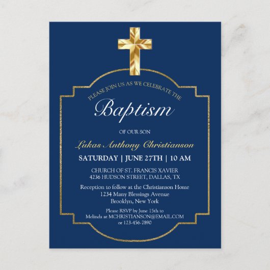 Elegant Blue Golden Cross Boys Baptisme Invitation Uitnodiging Briefkaart (Voorkant)