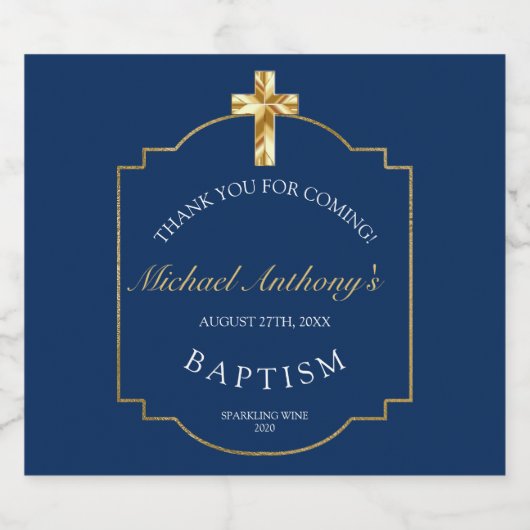 Elegant Blue Golden Cross Boys Baptisme Sparkling Wijnetiket (Enkel label)