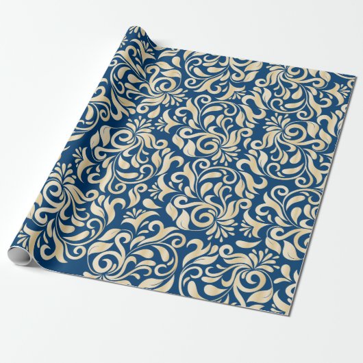 Elegant Blue golden Damask florpatroon Cadeaupapier (Uitgerold)