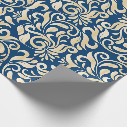 Elegant Blue golden Damask florpatroon Cadeaupapier (Hoek)