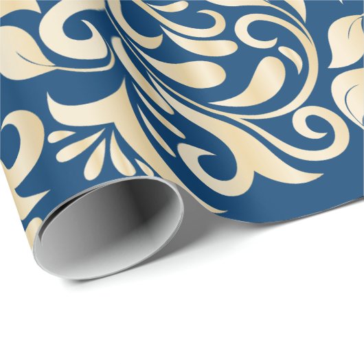 Elegant Blue golden Damask florpatroon Cadeaupapier (Rol Hoek)