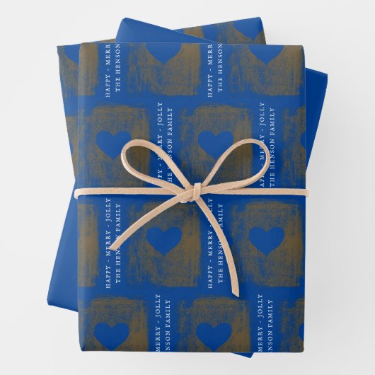 Elegant Blue Golden Heart Drawing Family Kerstmis Inpakpapier Vel (In situ)