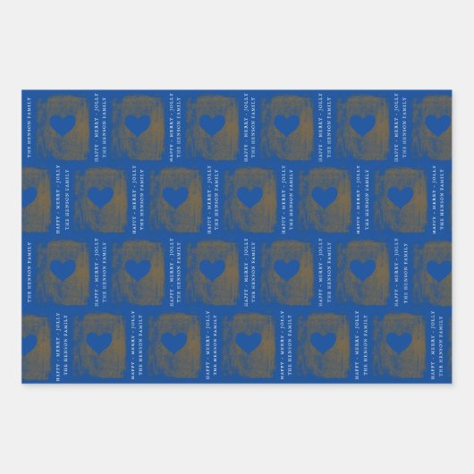 Elegant Blue Golden Heart Drawing Family Kerstmis Inpakpapier Vel (Voorkant)