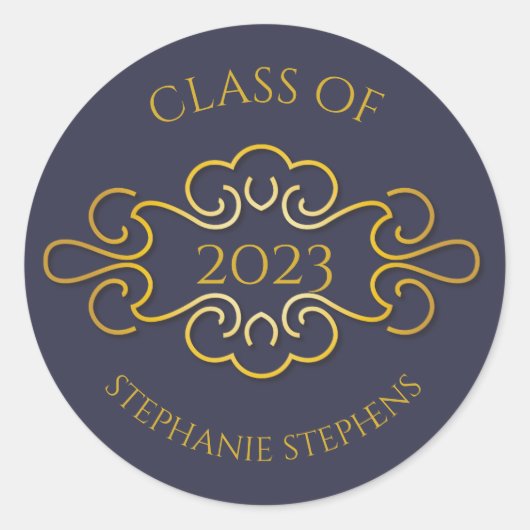 Elegant Blue | Goud Vlourish Klasse 2023 Naam Ronde Sticker (Voorkant)