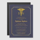 Elegant Blue | Gouden verpleegster BSN Graduparty  Magnetische Uitnodiging (Voorkant / Achterkant)
