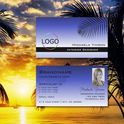 Elegant Blue Gradient Palm Leaf Logo en Foto Visitekaartje