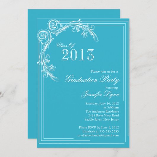Elegant Blue Graduation Party Invitation Kaart (Voorkant / Achterkant)