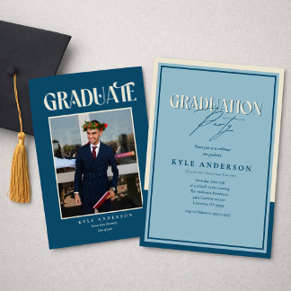 Elegant Blue Graduation Party Photo Invitation Kaart