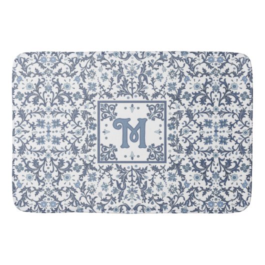 Elegant Blue Graphic Floral Pattern Monogram Badmat (Voorkant)
