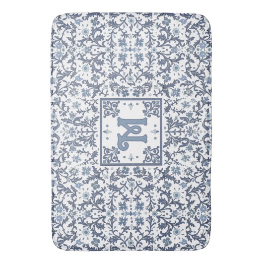 Elegant Blue Graphic Floral Pattern Monogram Badmat (Voorkant Verticaal)