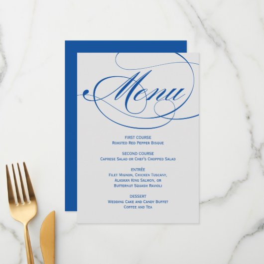 Elegant Blue Gray Calligraphy Script Weddenschap Menu (Voorkant / Achterkant in situ)
