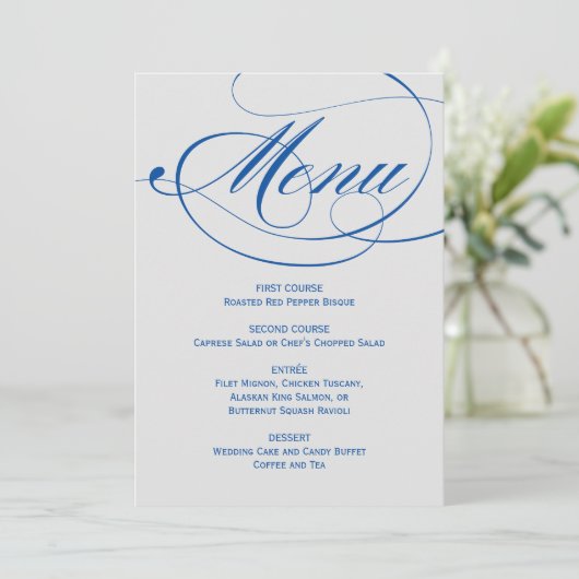 Elegant Blue Gray Calligraphy Script Weddenschap Menu (Staand voorkant)